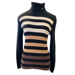 Lauren Ralph Lauren Turtleneck Knit Sweater Cotton Sz M White Black Brown Stripe